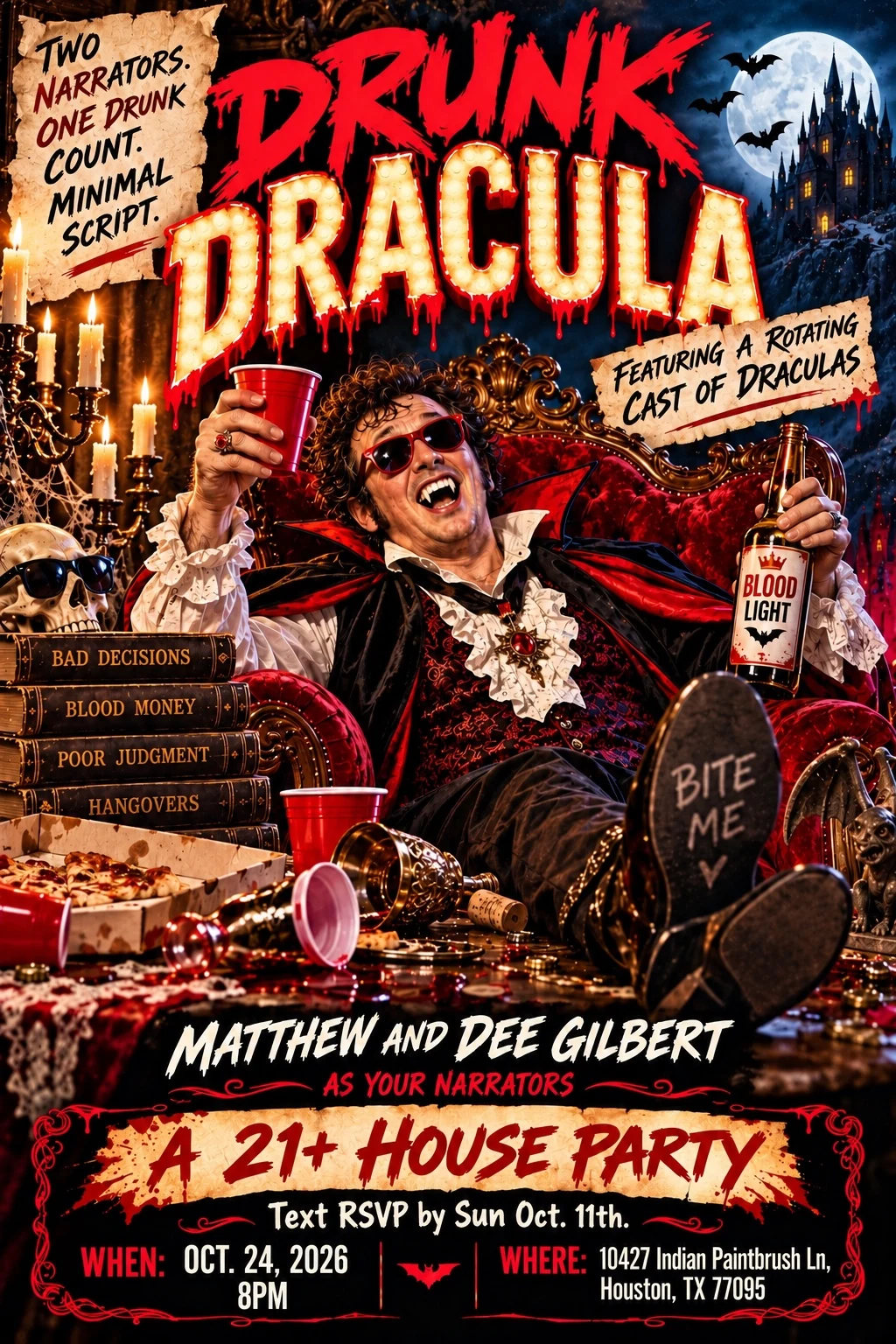 Drunk Dracula invitation from Matthew and Dee Gilbert, October 24 at 8 PM. Text RSVP by Sunday October 11.